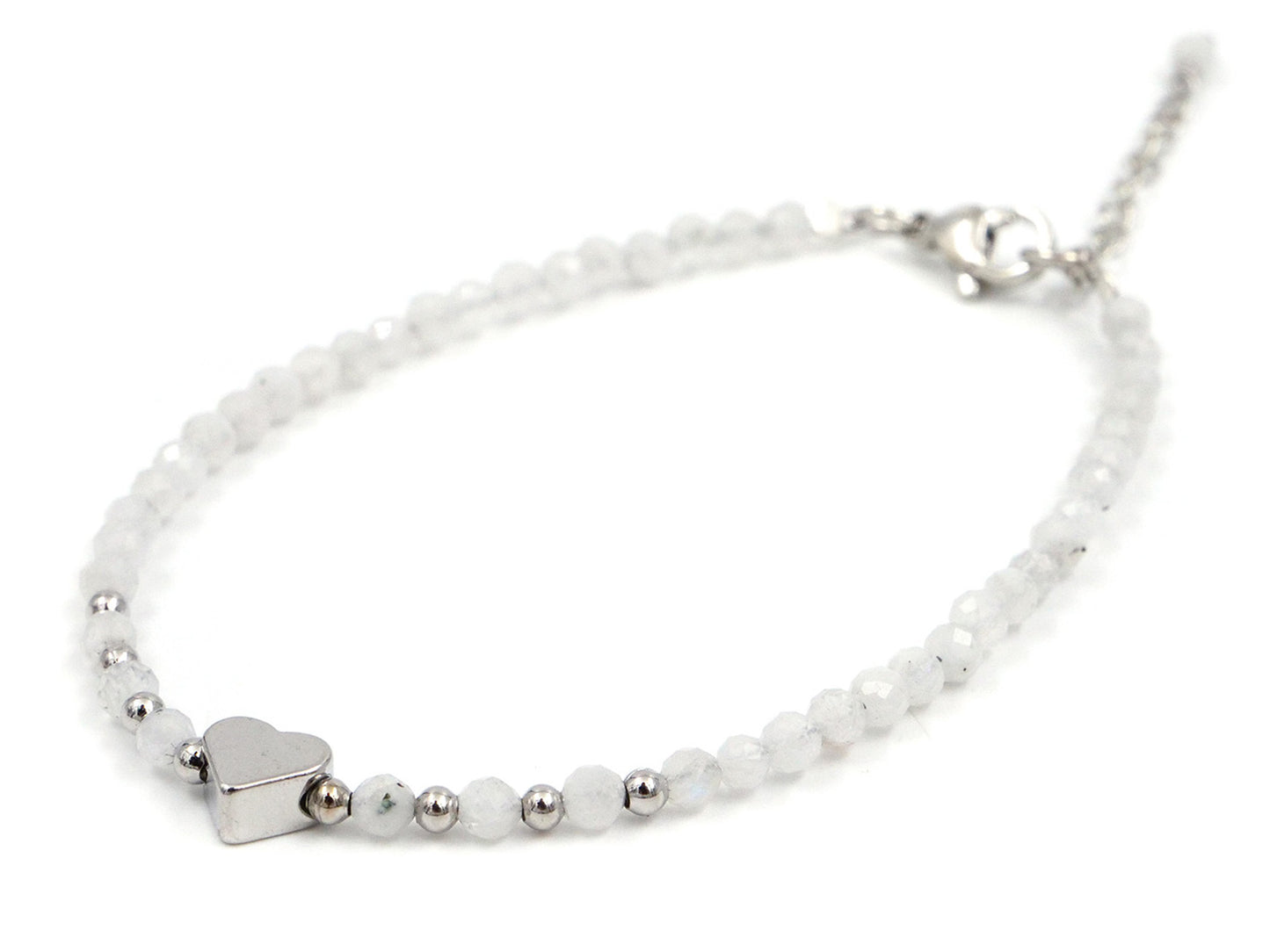 Bracelet en labradorite blanche "Pierre de lune" - 3mm facetté avec cœur et chaînette