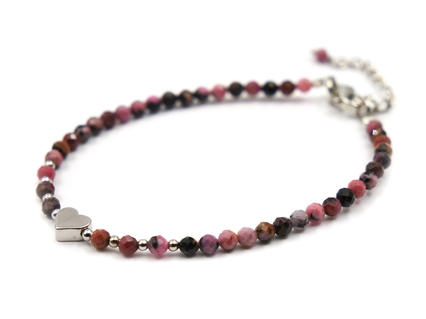 Bracelet en rhodonite - 3mm facetté avec cœur et chaînette
