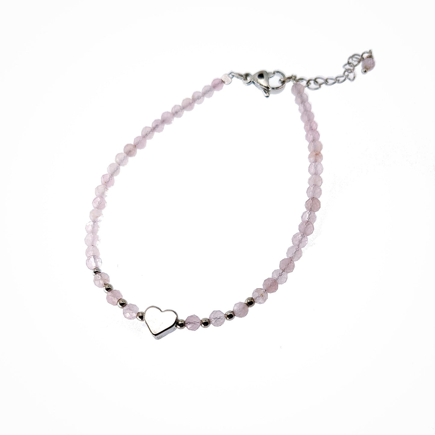 Bracelet en quartz rose - 3mm facetté avec cœur et chaînette