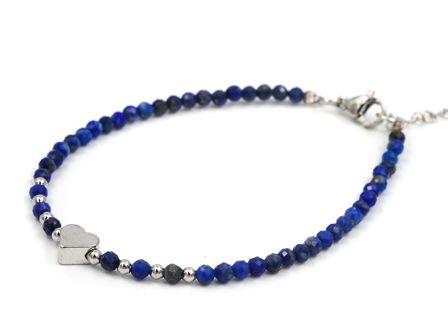 Bracelet en lapis lazuli - 3mm facetté avec cœur et chaînette