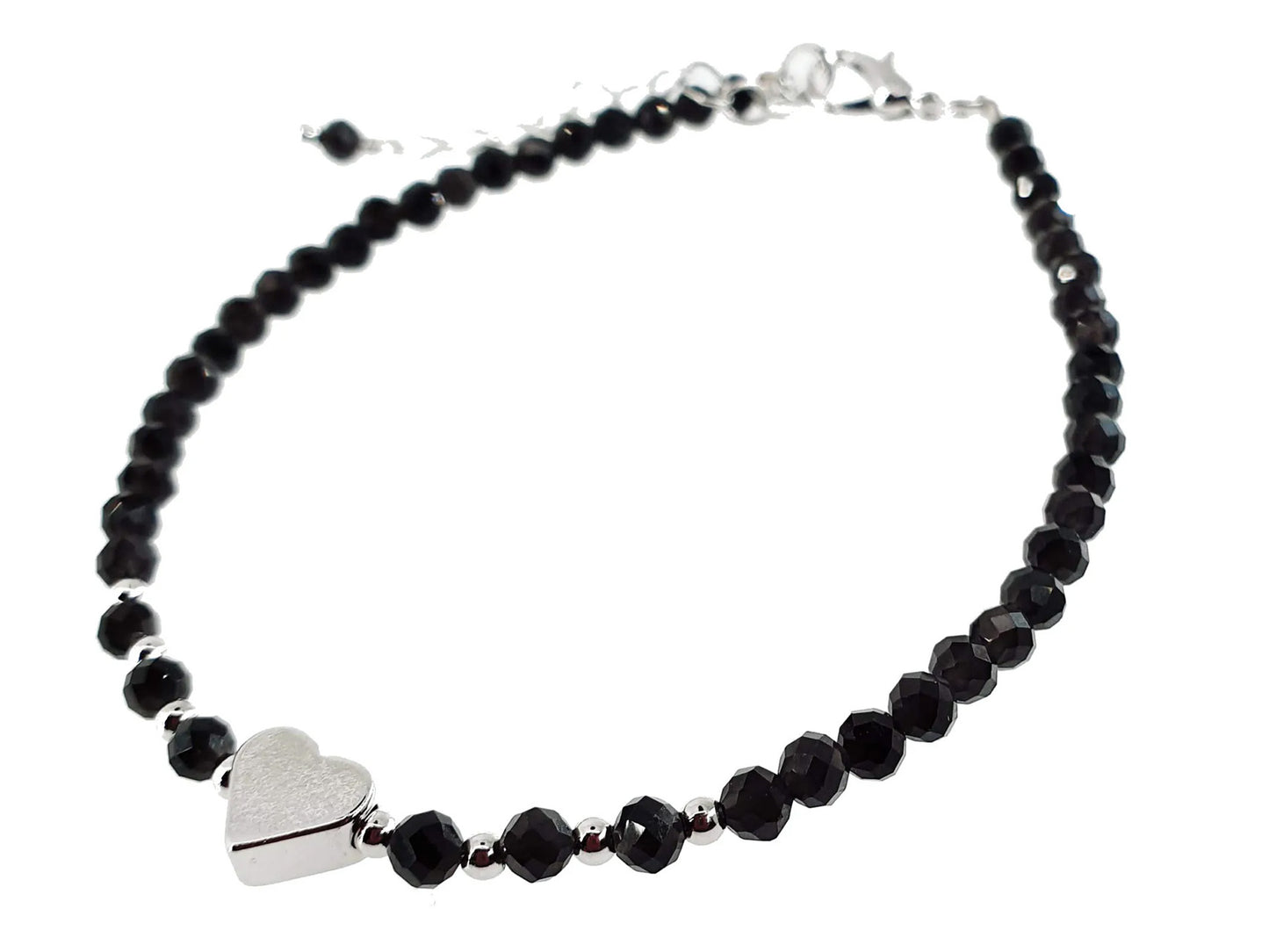 Bracelet en obsidienne - 3mm facetté avec cœur et chaînette