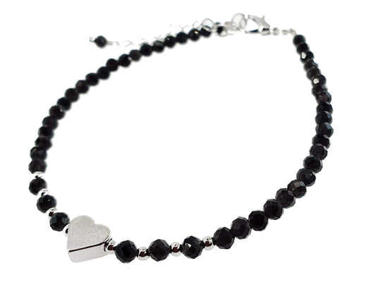 Bracelet en obsidienne - 3mm facetté avec cœur et chaînette