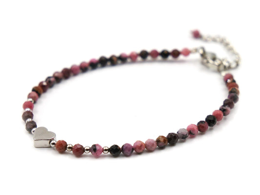 Bracelet en rhodonite - 3mm facetté avec cœur et chaînette