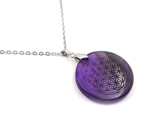 Améthyste - Pendentif avec Fleur de Vie gravée
