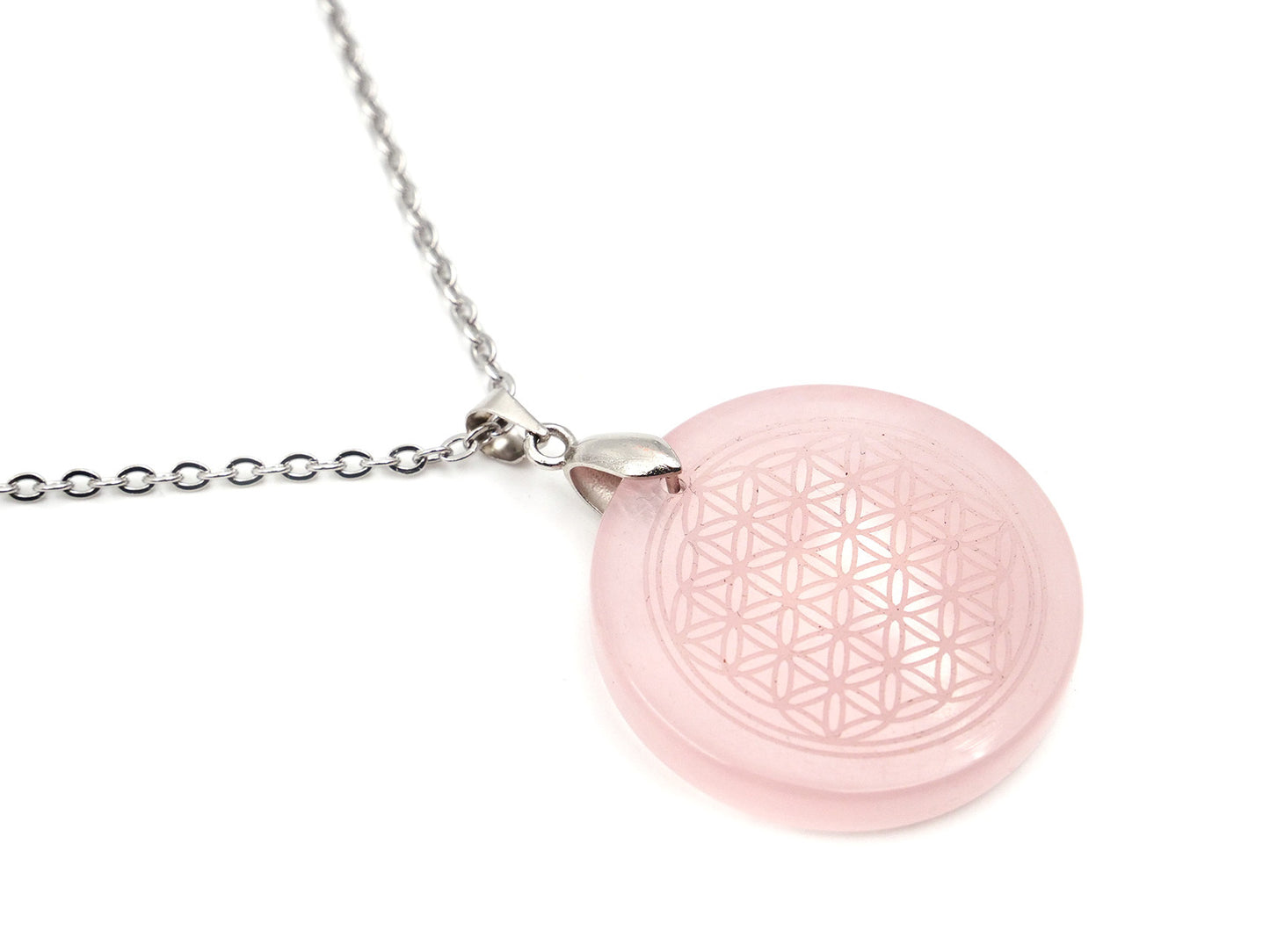 Quartz rose - Pendentif avec Fleur de Vie gravée