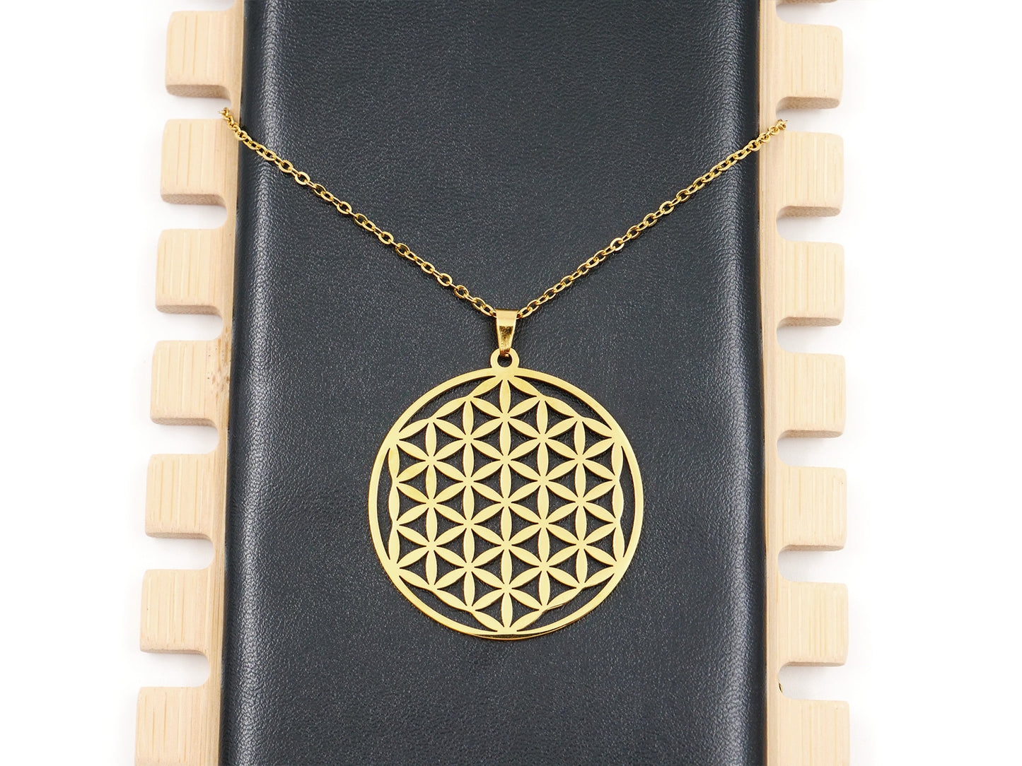 Pendentif fleur de vie avec chaînette en acier - Doré