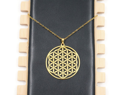 Pendentif fleur de vie avec chaînette en acier - Doré