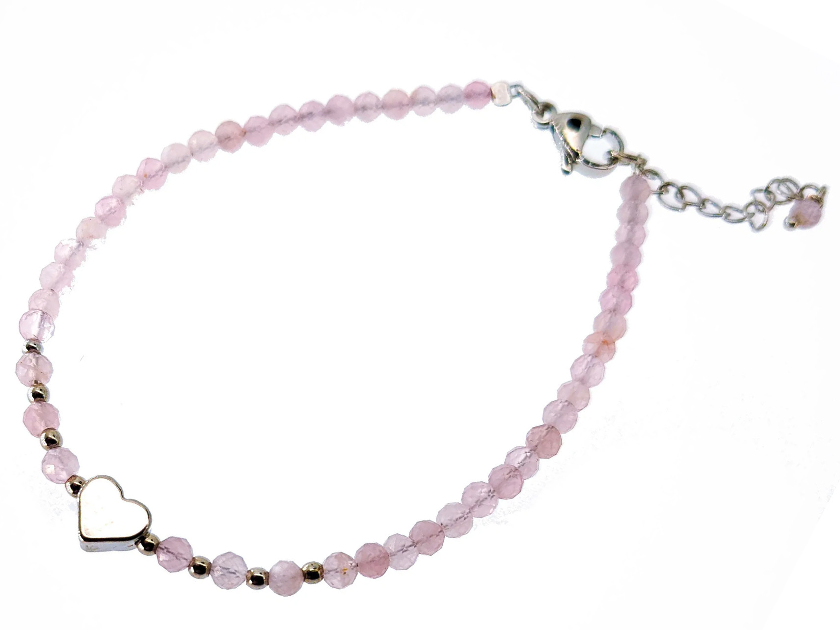 Bracelet en quartz rose - 3mm facetté avec cœur et chaînette